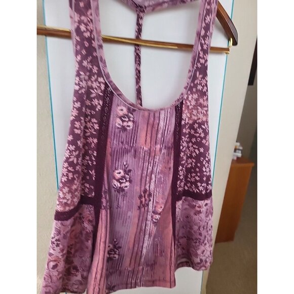 Small Mudd Boho Purples Pink Floral Print Lace Accent Back Sleeveless Tank Top - Picture 8 of 13